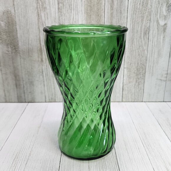 Vintage Green Glass Flower Vase Swirl Pattern Hourglass Shaped 8'' Tall - Picture 3 of 7